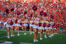 The Scarlets Dance Team performs with pink pom poms for breast cancer awareness month at the Nebrask