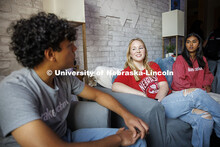 Students socializing inside the Raikes Center. Raikes School photoshoot. October 9, 2024. 