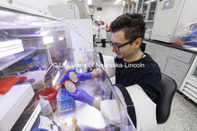 Graduate student David Gomez compares samples being analyzed in an anaerobic chamber. Nebraska Gnoto