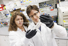 Nicole Buan, Professor in Biochemistry, and Connor Hines, graduate student in biochemistry, discuss 