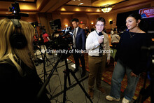 Sophomore Sports Media and Communication student Dane Lyons, second from right, interviews junior Po