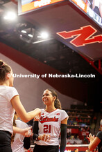 Skyler Pierce celebrates a point at the Nebraska vs. Minnesota volleyball game. November 14, 2024. 