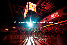 Players line up as they are introduced at the Nebraska vs. Minnesota volleyball game. Nebraska vs. M