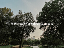 Trees frame the cupola of Love Library. Summer photos on City Campus. July 1, 2024. Taylor DeMaro / 