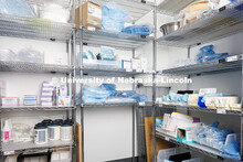 Medical supplies is photographed inside a supply closet at the Nebraska Medicine University Health C