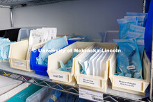 Medical supplies is photographed inside a supply closet at the Nebraska Medicine University Health C