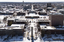 Aerial view of City Campus looking south from the East Stadium Loup Drive. Snow on City Campus. Febr