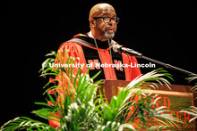 Chancellor Rodney D. Bennett addresses the graduates at the 2025 College of Law commencement in the 