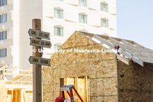 A directional wood sign built during the shed building portion of Construction Management student’