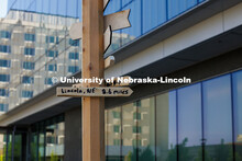 A directional wood sign built during the shed building portion of Construction Management student’