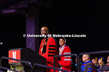 Chancellor Rodney D. Bennett speaks at the morning Undergraduate Commencement in Pinnacle Bank Arena