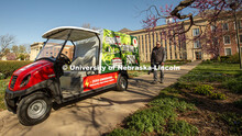Jeff Culbertson, director of landscape operations, operates a battery-powered leaf blower in the Lov