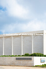 May morning sunlight bleaches the pale travertine marble of the Sheldon Museum of Art. Spring on Cit