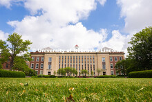 Freshly mown grass south of Love Library is vibrantly green after days of May rain showers. Spring o
