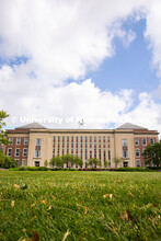 Freshly mown grass south of Love Library is vibrantly green after days of May rain showers. Spring o