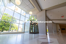 The newly renovated lobby of Kimball Recital Hall kept the large cement pillars and terrazzo floors 