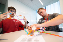 Ryne Callahan and Joe Lake work together to create a bridge made from 20 straws and tape during engi