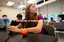 Joy Hutton glances at an engineering camp instructor as she and other campers build triboelectric na