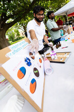 Abdul Hamid, a nutrition science doctoral student, speaks with Discovery Days visitors  about how sc