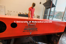 Custom graphics on the UNL Figure 8 Racing's 1980 Pontiac Firebird dashboard inside the Kiewitt Hall