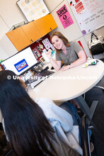 Laura Britten, Academic Navigator in the Explore Center, speaks with Swati Yadav, a sophomore studyi