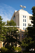 Memorial Stadium looms over Avery Hall on a warm July morning. July 9, 2025. 