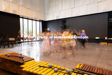 Students in the Orff Schulwerk Teacher Education Course rehearse a dance in a classroom in the Fine 