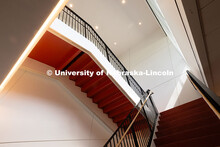 Morning light illuminates the central staircase in the new the Fine and Performing Arts Building, ne