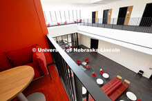 A study nook overlooks the lobby in the new Fine and Performing Arts Building, new home of the Glenn