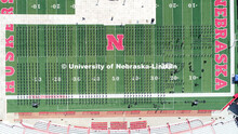 Chairs are set up on Tom Osborne Field in Memorial Stadium for Saturday’s commencement. May 6, 202