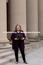 Portrait of Barbara Woodhead, Director of Services for Students with Disabilities, outside of Pound 