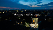 Aerial view of UNL's Love Library cupola and City Campus at dawn. August 12, 2025. 