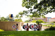 The Cornhusker Marching Band percussionists practice in the shade during Marching Band camp. August 
