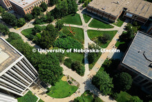 Aerial view of UNL campus community walks across campus during first day of 2025 fall semester. Augu