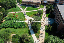 Aerial view of UNL campus community walks across campus during first day of 2025 fall semester. Augu