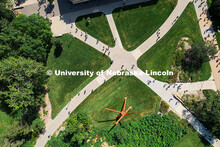Aerial view of UNL campus community walks across campus during first day of 2025 fall semester. Augu