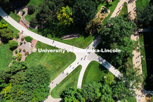 Aerial view of UNL campus community walks across campus during first day of 2025 fall semester. Augu