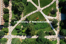 Aerial view of UNL campus community walks across campus during first day of 2025 fall semester. Augu