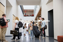 Music Education major, Amara Bertelson, chats with a friend in the main hallway of the brand-new Fin