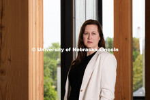Portrait of Sonya Türkman, Assistant Professor of Interior Design, in Architecture Hall. September 