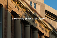 Morning sunlight throws the shadow of a tree across the front of Avery Hall on city campus. Septembe