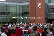 Audiences brought folding chairs to sit outside at the Nebraska Bluegrass Concert Series in the plaz