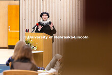 Artist Karen Blessen speaks about her work during a reception celebrating her exhibition in Love Lib