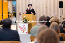 Artist Karen Blessen speaks about her work during a reception celebrating her exhibition in Love Lib