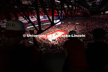 High angle view of husker fans as they cheer on the Huskers from the standing-room-only section of J