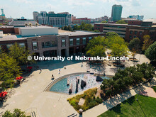 Aerial of Nebraska Union Memorial Plaza as students walk between classes. City Campus Aerials. Septe