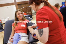 Anna Vander Pol, junior elementary education major, prepares to give blood during the 2025 Homecomin