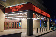 The marquee outside the Lied Center announces Johnny Carson’s 100th Birthday Celebration. October 