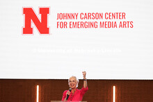 Megan Elliott, Johnny Carson Endowed Director in Emerging Media Arts, speaks to the audience. Johnny