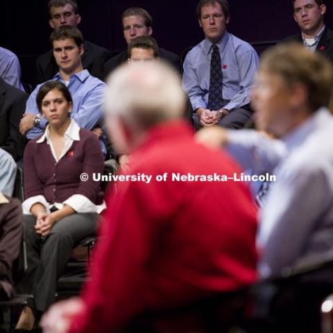 UNL alumnus Warren Buffett talks with Microsoft Corp. founder Bill Gates outside the Lied Center for Performing Arts on Sept. 30. Buffett, the CEO of Berkshire Hathaway, and Gates opened their afternoon visit at UNL with a 90-minute, unscripted question and answer forum with 92 students from the College of Business Administration. The billionaire-duo also visited with university officials and Gates outlined his vision of future technology to students, faculty and administration officials during a lecture at the Kauffman Center. 050930, Photo by Erik Stenbakken Photography.

Shot for University of Nebraska, Lincoln; exclusive to UNL.